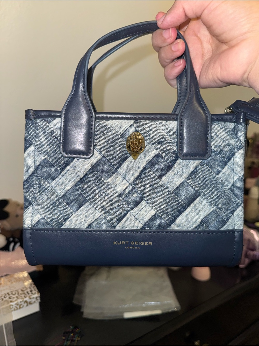 Kurt Geiger Mini Denim-Pattern Navy Satchel with Gold Emblem